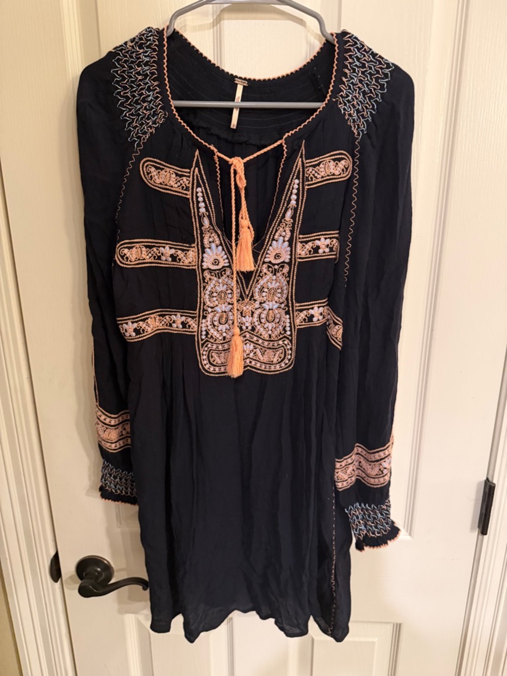 Free People Embroidered Long-Sleeve Boho Dress with Coral Accents